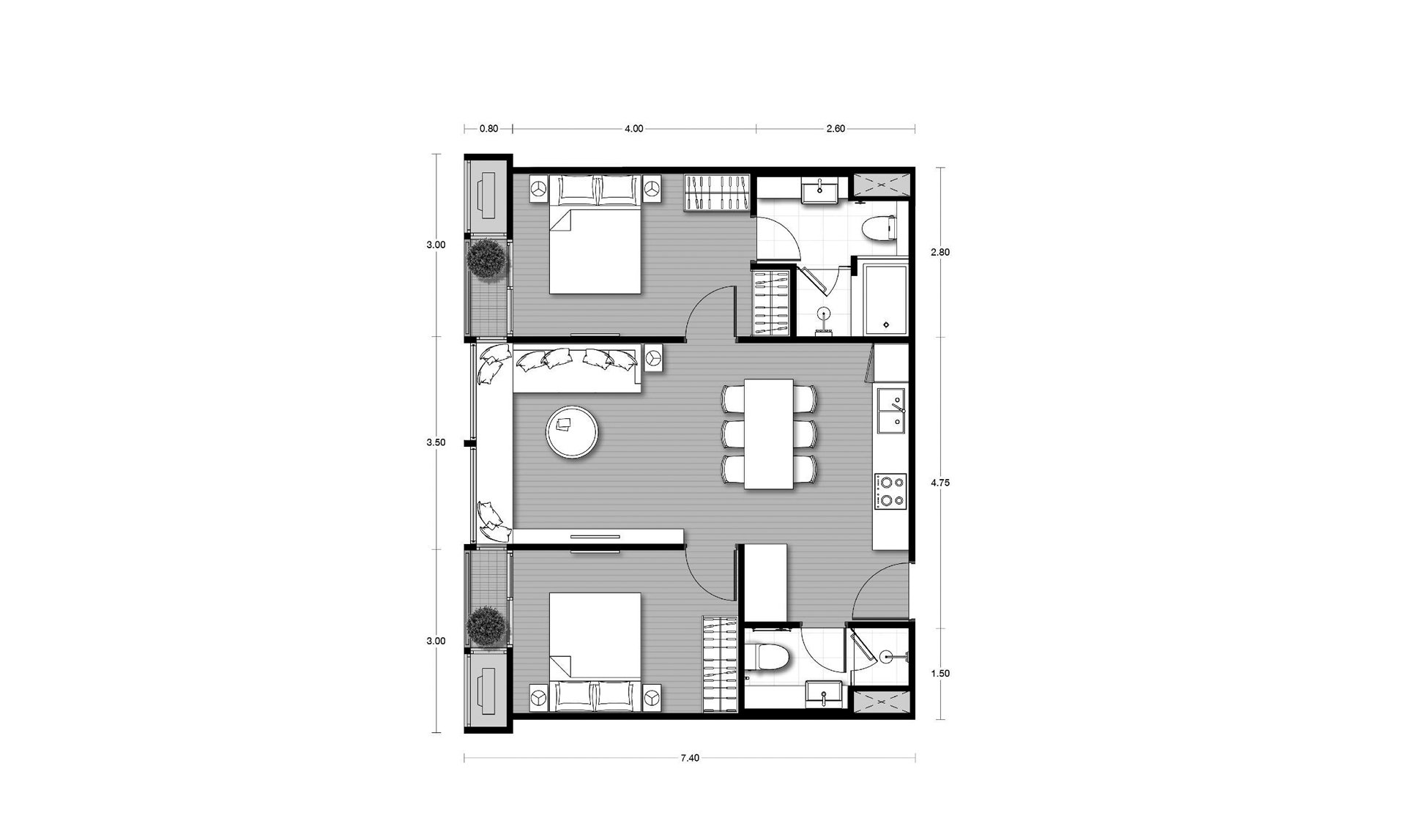 Condominium floor plan, 2 bedrooms in Noble Form Thonglor No. 11014